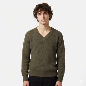 Devaux Vintage French Military V Neck Ribbed Knit Sweater Green Size 112